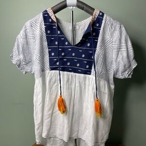 THML White and Blue Patterned Top with Orange Accents